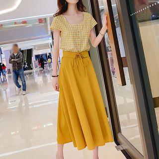 Set: Plaid Short-sleeve Top + Midi A-line Skirt