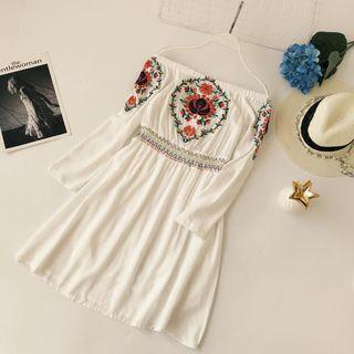 Embroidered Off-shoulder Long-sleeve Dress