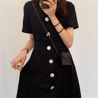 Open-placket Button Midi Dress Black - One Size