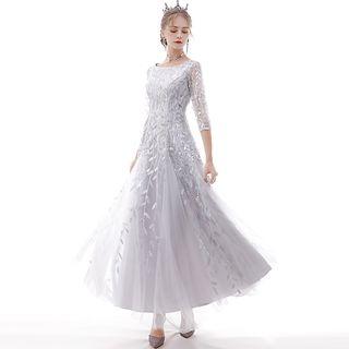 Elbow Sleeve Embroidered A-line Evening Gown