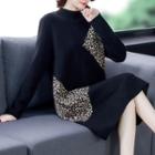 Mock-neck Leopard Print Panel Midi Knit Dress
