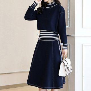 Set: Mock Two-piece Long-sleeve Striped Panel Top + Midi A-line Skirt
