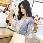 Elbow-sleeve Double-breasted Striped Blouse