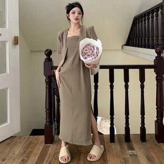 Details Open-front Light Blazer / Sleeveless Side-slit Maxi Dress