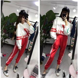 Set: Lettering Cropped Boxy Hoodie + Cropped Contrast-trim Sweatpants