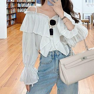 Long-sleeve Cold Shoulder Frill Trim Blouse White - One Size