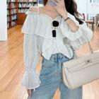 Long-sleeve Cold Shoulder Frill Trim Blouse White - One Size