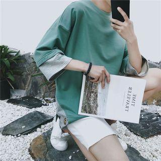 Mock Two-piece 3/4-sleeve Smiley Face T-shirt