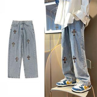 Cross Embroidered Washed Straight Leg Jeans