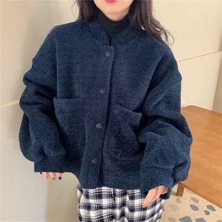 Long-sleeve Plain Fleece Jacket Navy Blue - One Size