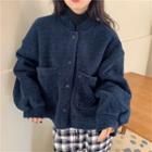 Long-sleeve Plain Fleece Jacket Navy Blue - One Size