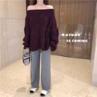 Off-shoulder Long-sleeve Long Knit Top / Wide-leg Pants