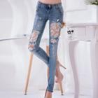 Lace Insert Embellished Skinny Jeans