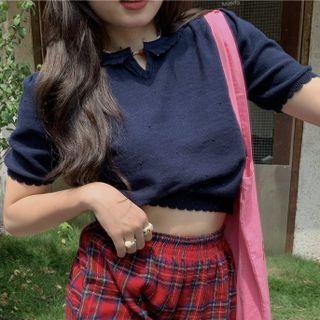 Short-sleeve Dot Print Knit Top