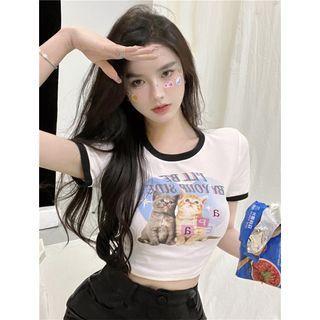 Cat Print Cropped T-shirt / Heart Cropped Camisole Top