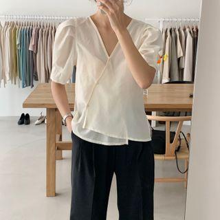 Puff-sleeve V-neck Asymmetric Blouse