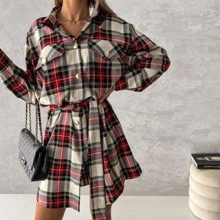 Plaid Tie-waist Mini Shirtdress