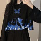 Butterfly Flame Print Hooded Cropped T-shirt Black - One Size