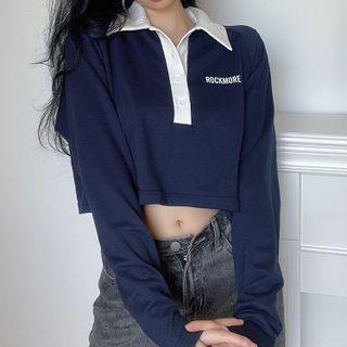 Long-sleeve Lettering Crop Polo Shirt