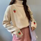 Turtleneck Strawberry Embroidered Sweater
