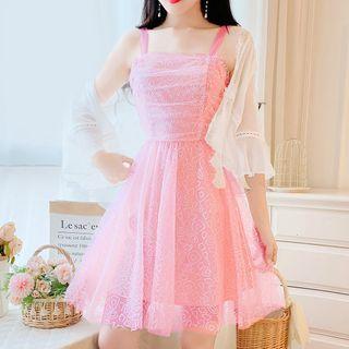 Set: Spaghetti Strap Sequined Mesh A-line Dress + Elbow-sleeve Light Jacket