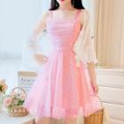 Set: Spaghetti Strap Sequined Mesh A-line Dress + Elbow-sleeve Light Jacket