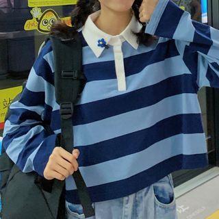 Polo Collar Stripe Crop Top