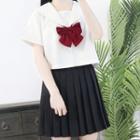 Short-sleeve Sailor-collar Shirt / Bow / Mini Skirt / Set