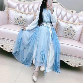 Elbow-sleeve Paneled Mini A-line Chiffon Dress