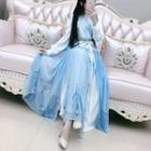 Elbow-sleeve Paneled Mini A-line Chiffon Dress