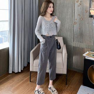 Set: Ribbed Knit Top + Cropped Straight-cut Pants