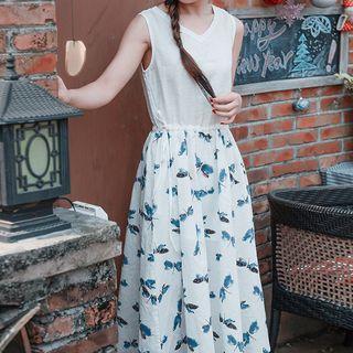 Dragonfly Print Sleeveless Midi A-line Dress
