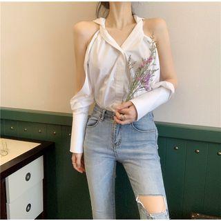 Cold Shoulder Long-sleeve Top White - One Size