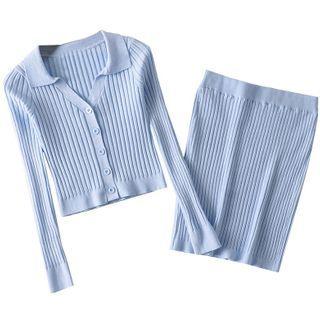 Set: Long-sleeve Buttoned Rib Knit Top + Fitted Skirt