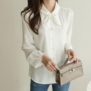 Beribboned Faux-pearl Button Blouse