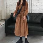 Button Long-sleeve Midi A-line Dress