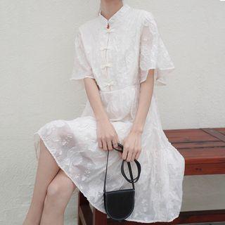 Frog-button Elbow-sleeve Mini A-line Crinkle Dress