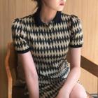 Short-sleeve Pattern Mini Polo Dress Light Khaki - One Size