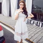 Off-shoulder Short-sleeve Mesh Panel A-line Dress