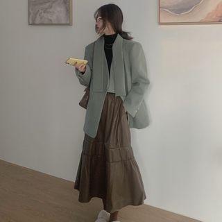 Plain Jacket / Faux Leather Midi A-line Skirt