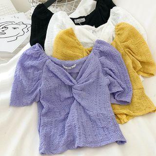 Plain Knotted Puff-sleeve Top