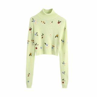 Turtleneck Floral Embroidered Cropped Knit Top