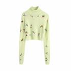 Turtleneck Floral Embroidered Cropped Knit Top