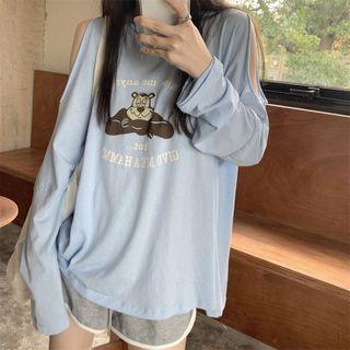 Long-sleeve Cold Shoulder Cartoon Print T-shirt
