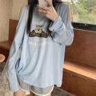 Long-sleeve Cold Shoulder Cartoon Print T-shirt