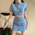Short-sleeve Plaid Crop Shirt / Mini Pencil Skirt