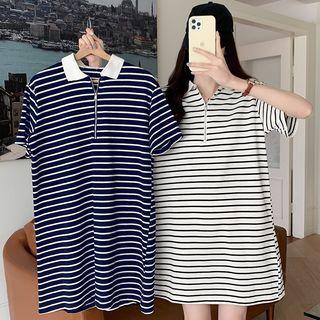 Elbow-sleeve Collar Striped Mini Dress