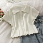 Collared Button-up Crop Knit Top White - One Size