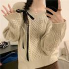 V-neck Cable-knit Loose-fit Sweater Almond - One Size