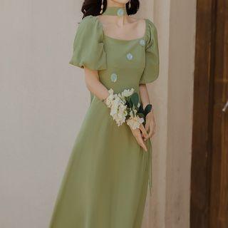 Puff-sleeve Floral-accent Midi A-line Chiffon Dress